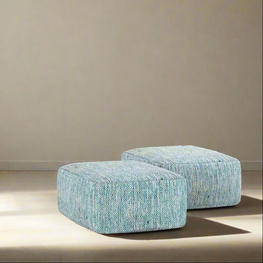 Nate Boho Square Pouf in Patterned Teal Melange Cotton (2 avail) FFW-852