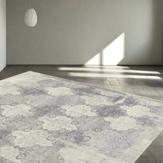Koshani Casper 4'X6' Gray Distressed Trellis Pattern Area Rug Made in Turkey FFE258-510