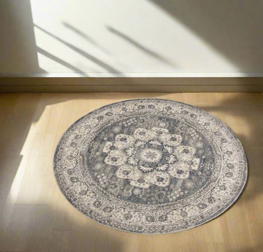 HomeRoots 5' Grey And Ivory Round Oriental Power Loom Non Skid Area Rug FFE258-466