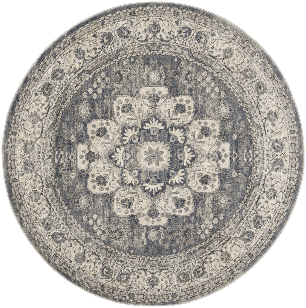 HomeRoots 5' Grey And Ivory Round Oriental Power Loom Non Skid Area Rug FFE258-466