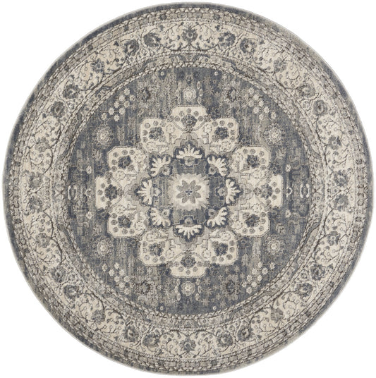 HomeRoots 5' Grey And Ivory Round Oriental Power Loom Non Skid Area Rug FFE258-466