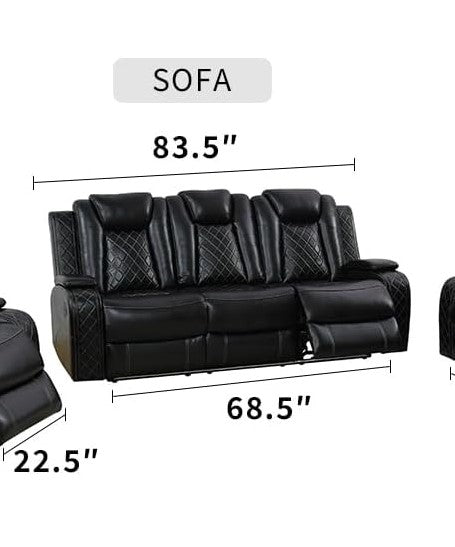 Vegan Black Leather Power Reclining Living Room 3 seat Sofa FFE-1235
