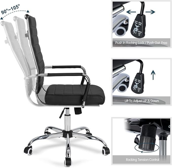 Home Office Chair Ribbed Modern Leather Ergonomic Office Desk Chair High Back Executive Adjustable Swivel w Arms (Black)FFE-810