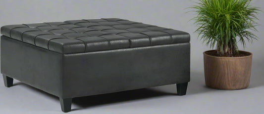 Harrison 36" W Storage Ottoman in Distressed Black Vegan Leather FFW258-673