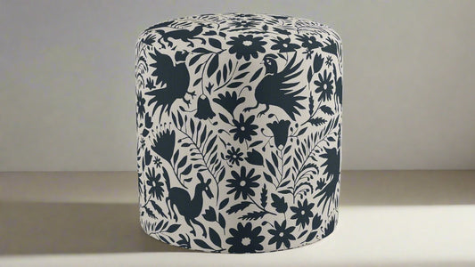 Havenly Round Drum Ottoman w Blue Ink Frida Upholstery FFE258-287