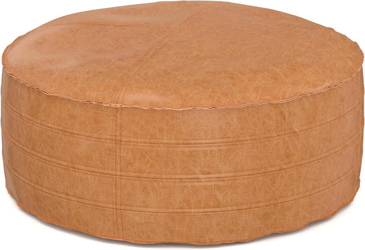 Brody Boho Round Distressed Brown Vegan Faux Leather Pouf Ottoman FFW-706