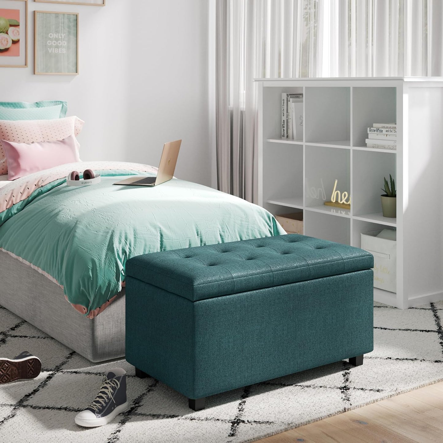 Cosmopolitan 34" Rectangle Tufted Storage Ottoman in Teal Fabric FFW258-584