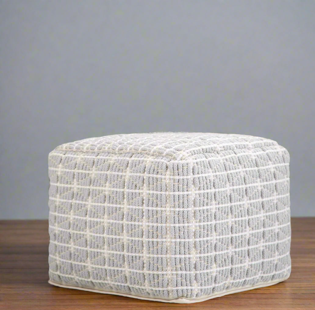 Noreen Boho Square Light Blue/White Handloom Woven Pattern Pouf Ottoman FFW-714