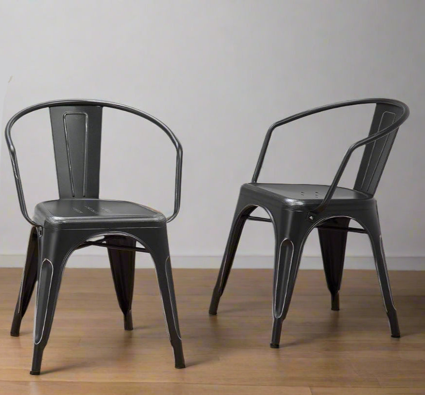 Larkin Metal Dining Arm Chair (Set of 2) in Distressed Black, Silver FFW258-602