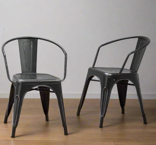 Larkin Metal Dining Arm Chair (Set of 2) in Distressed Black, Silver FFW258-602