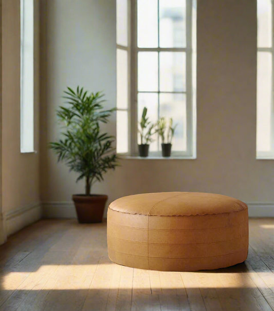 Brody Boho Round Distressed Brown Vegan Faux Leather Pouf Ottoman FFW-706