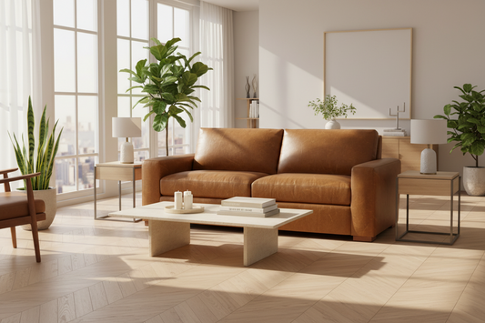 BenchMade Modern 80" Skinny Fat Caramel Brown Leather Sofa Couch FFE-1390