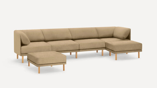 Burrow Range 5-Piece Sectional Lounger Sofa Couch Beige Velvet Walnut FFE-1024