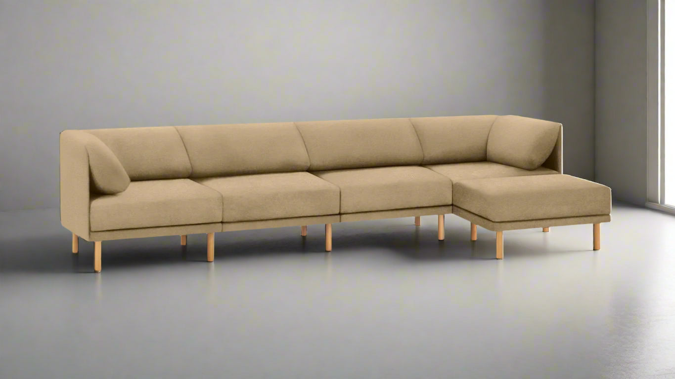 Burrow Range 5-Piece Sectional Lounger Sofa Couch Beige Velvet Walnut FFE-1024