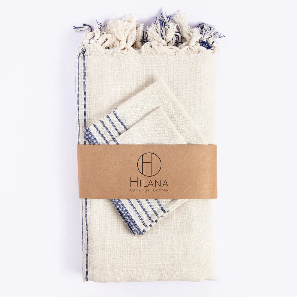 Hilana Blue/White Upcycled Cotton Sustainable Kayseri Tablecloth Set FFE258-538