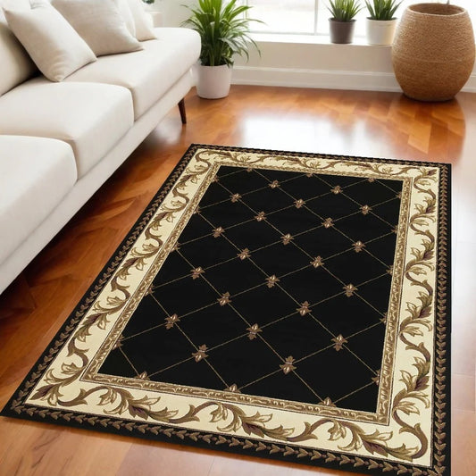 Corinthian 5' X 8' Black Fleur De Lis Diamond Bordered Indoor Area Rug FFE258-230