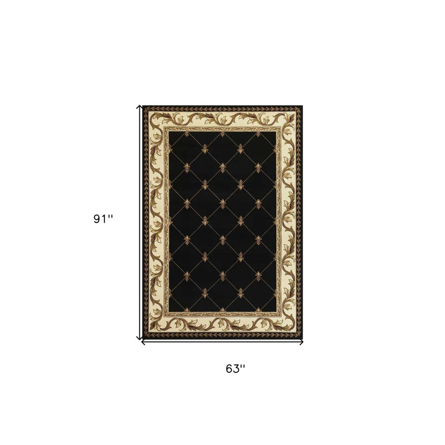 Corinthian 5' X 8' Black Fleur De Lis Diamond Bordered Indoor Area Rug FFE258-230