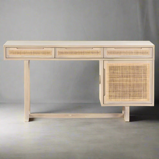 Four Hands Coastal Beach White Washed Mango Cane 3 Drawer Desk MB1-31