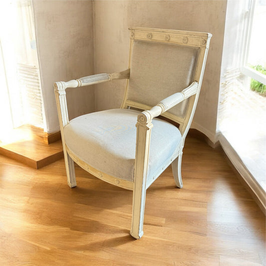 French Academic Revival Louis XVI Style Painted Upholstered Armchair Distressed Cream HR6