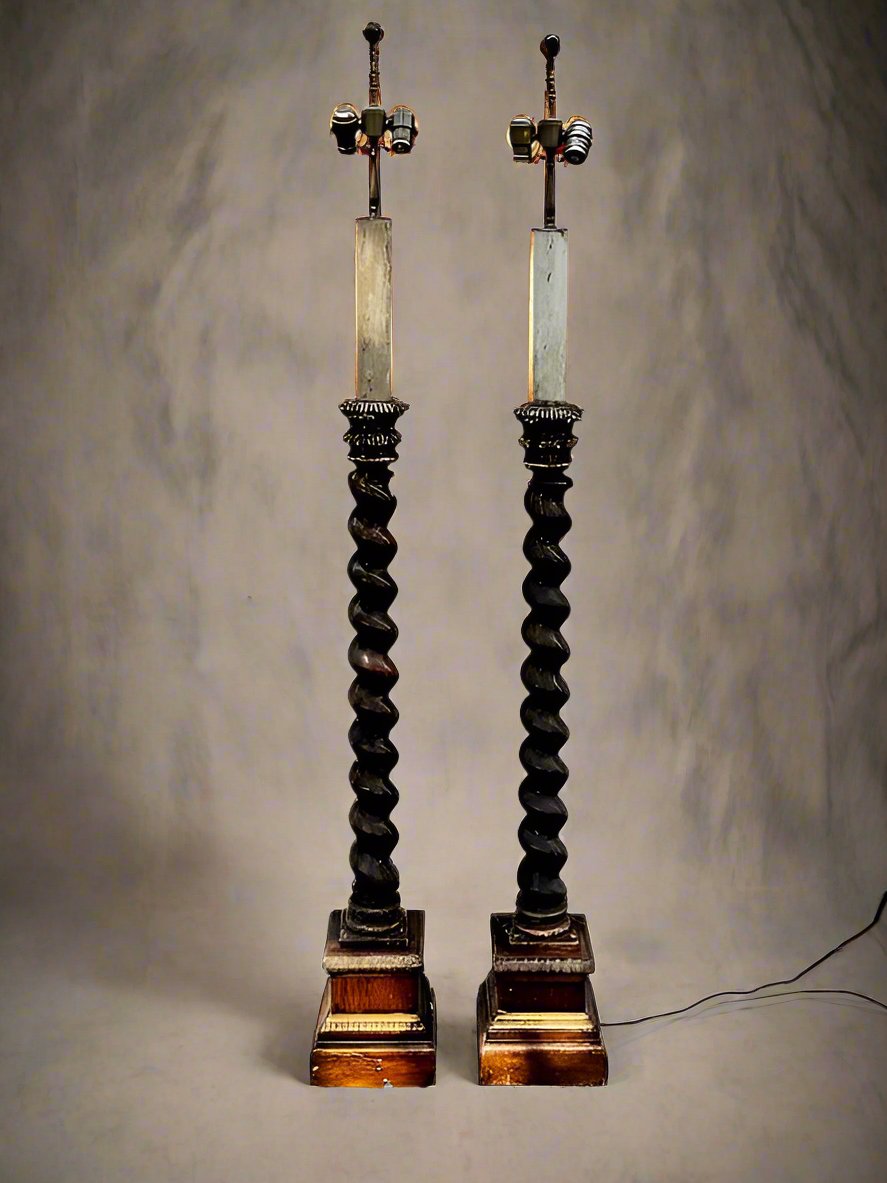 Pair Spanish Baroque Torchiere Barley Twist Turned Wood Base Floor Lamps JG264-14