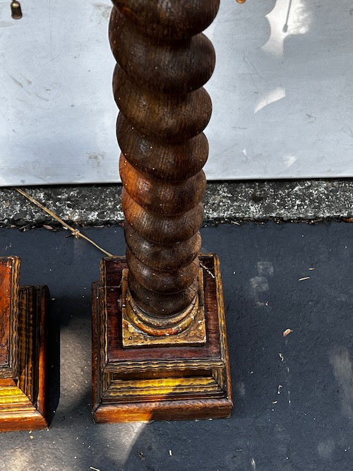 Pair Spanish Baroque Torchiere Barley Twist Turned Wood Base Floor Lamps JG264-14