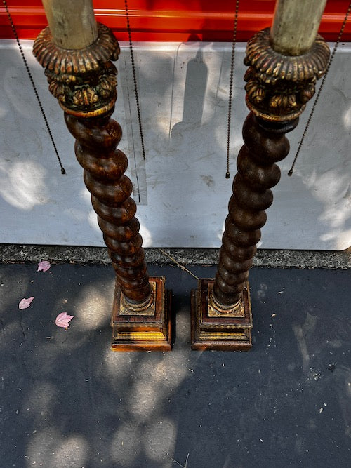 Pair Spanish Baroque Torchiere Barley Twist Turned Wood Base Floor Lamps JG264-14