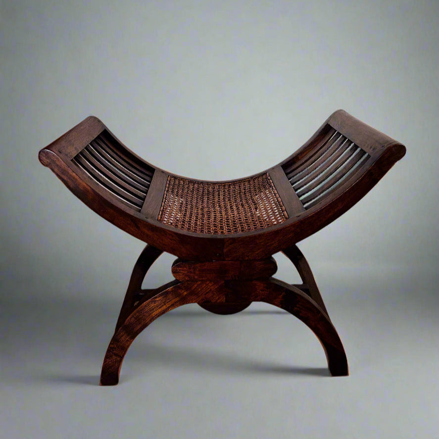 Vintage Wooden Curule Caned Seat Bench BG273-16