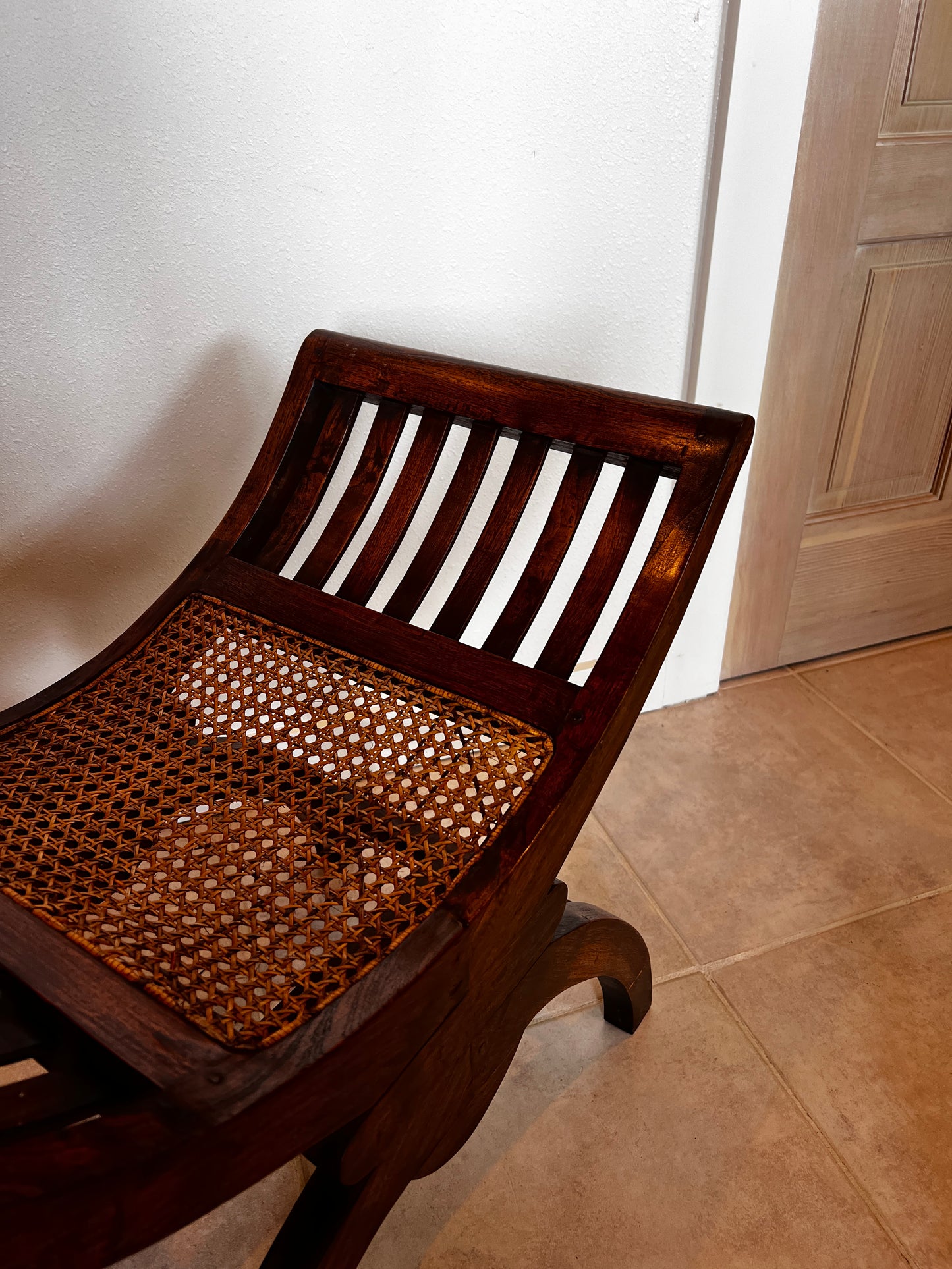 Vintage Wooden Curule Caned Seat Bench BG273-16