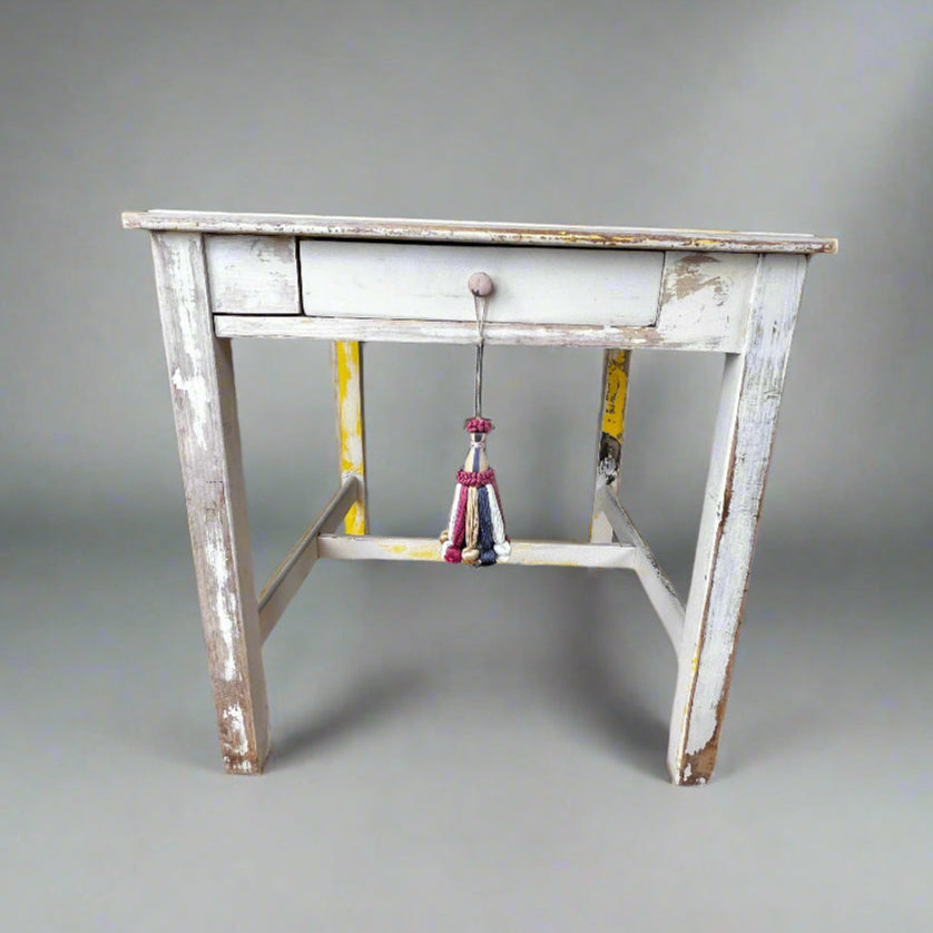 Antique Yellow Side Table w/Single Drawer and Stretcher Base BG273-19