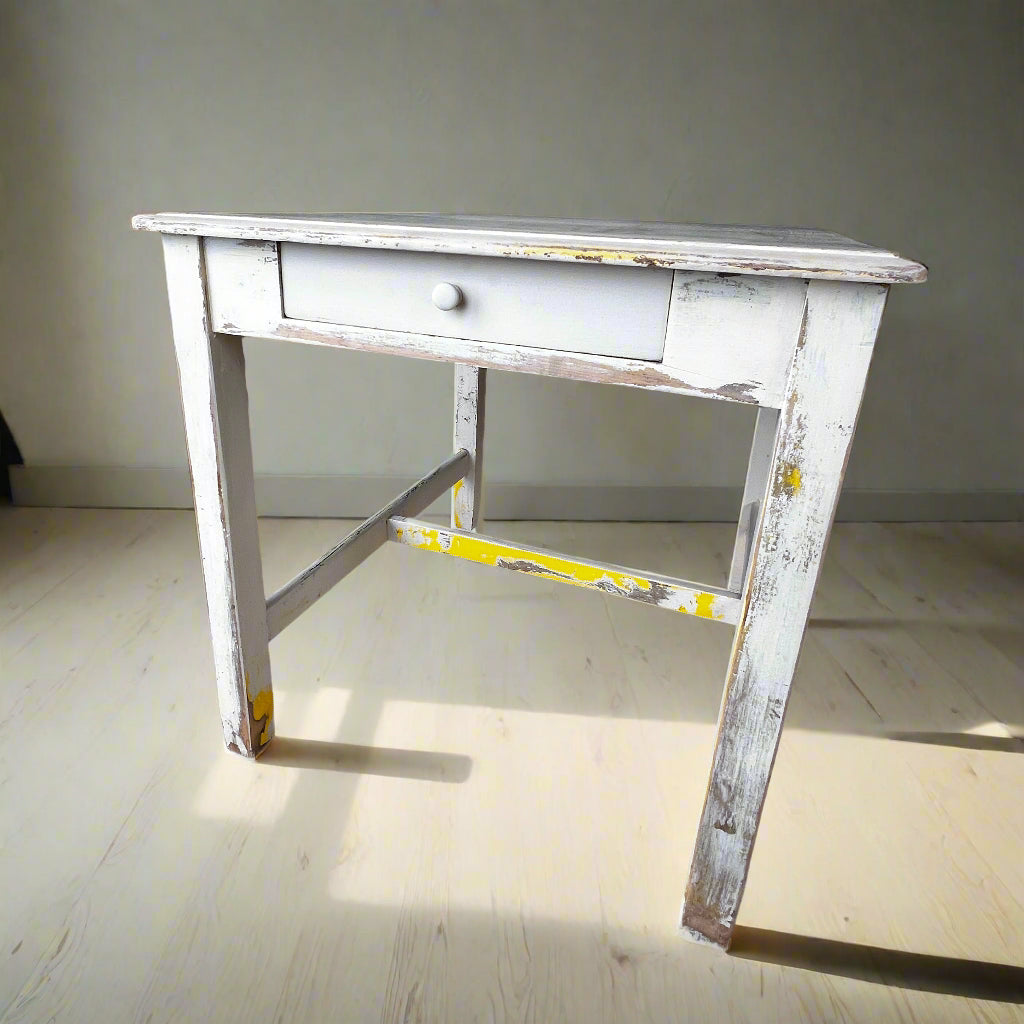 Antique Yellow Side Table w/Single Drawer and Stretcher Base BG273-19
