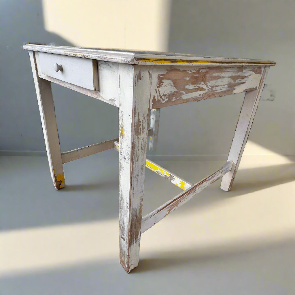 Antique Yellow Side Table w/Single Drawer and Stretcher Base BG273-19