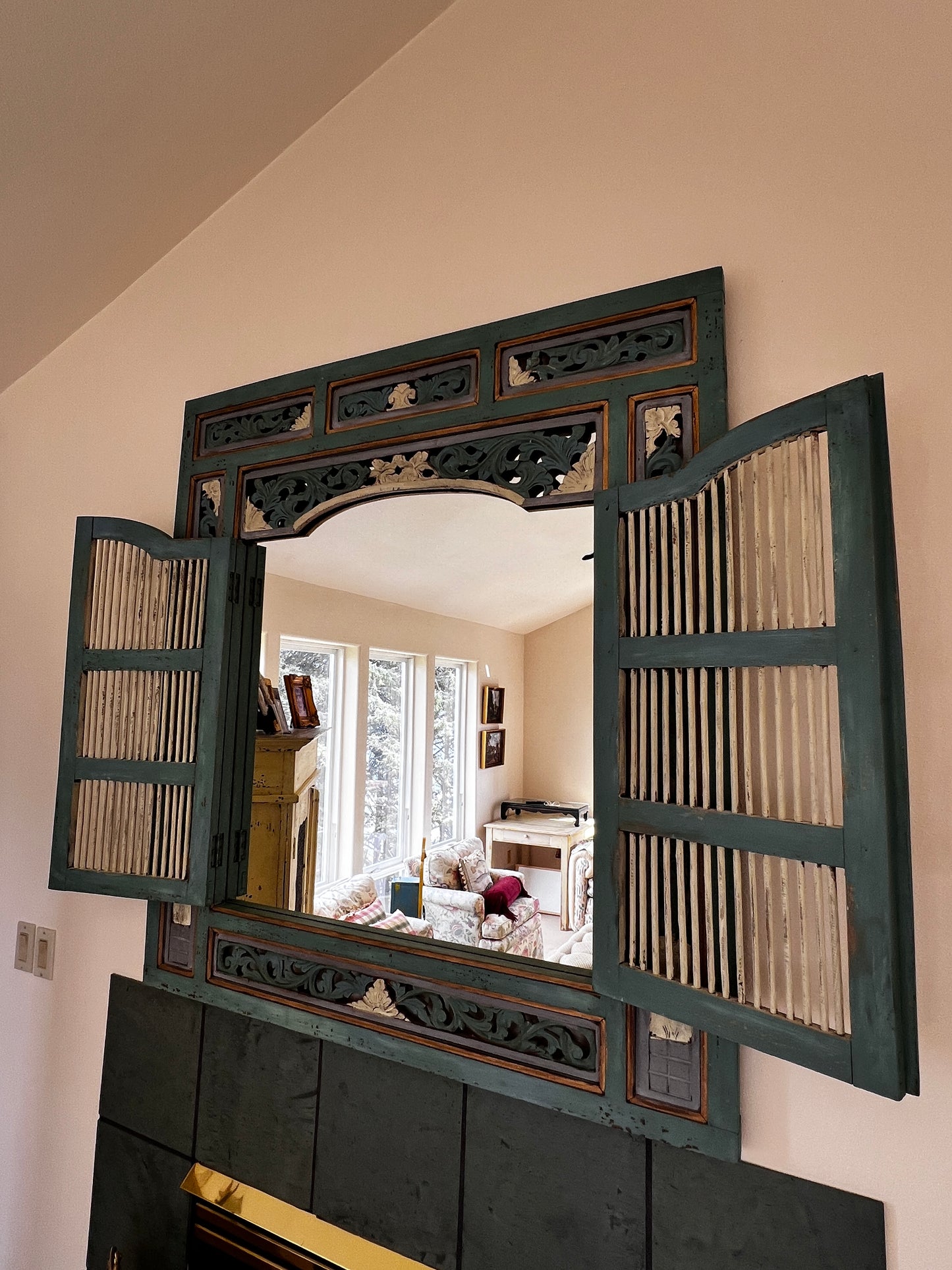 Beautifully Carved and Hand Painted Antique Mirror w/Shutters BG273-20