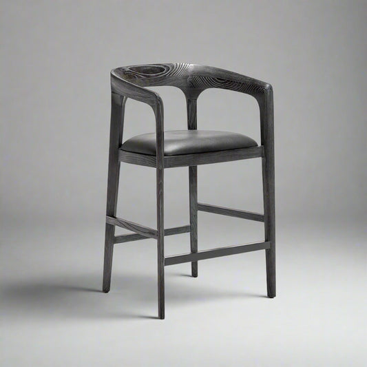 Interlude Kendra Mid Century Grey Leather Charcoal Wood Counter Stool MB1-35