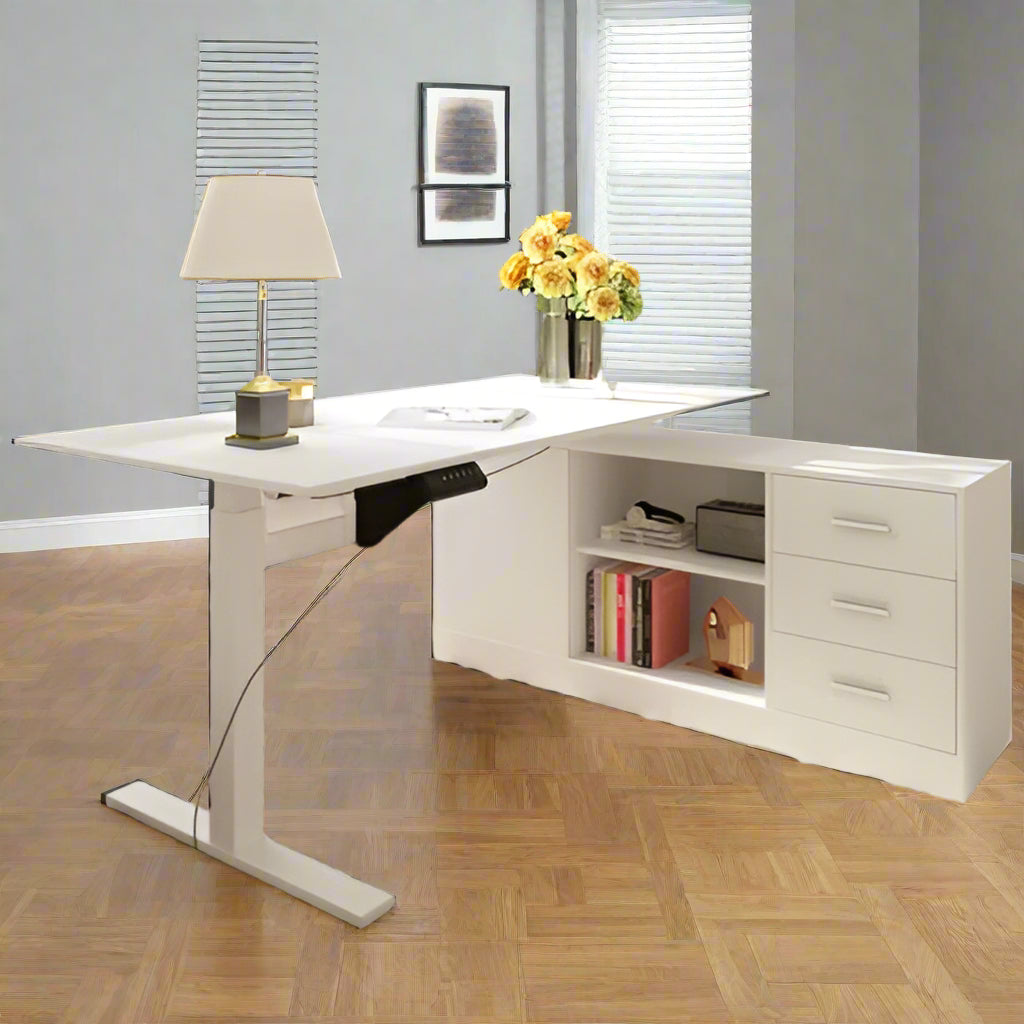 Lorentz White 63'' Adjustable L-Shaped Standing Desk & Cabinet FFE258-478
