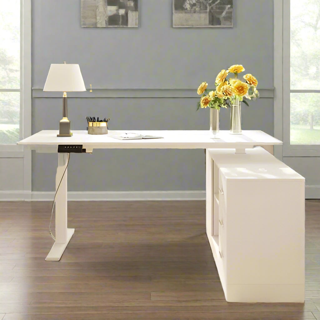 Lorentz White 63'' Adjustable L-Shaped Standing Desk & Cabinet FFE258-478