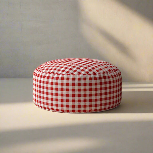 HomeRoots 24" Red And White Cotton Round Gingham Pouf Cover Only FFE258-467