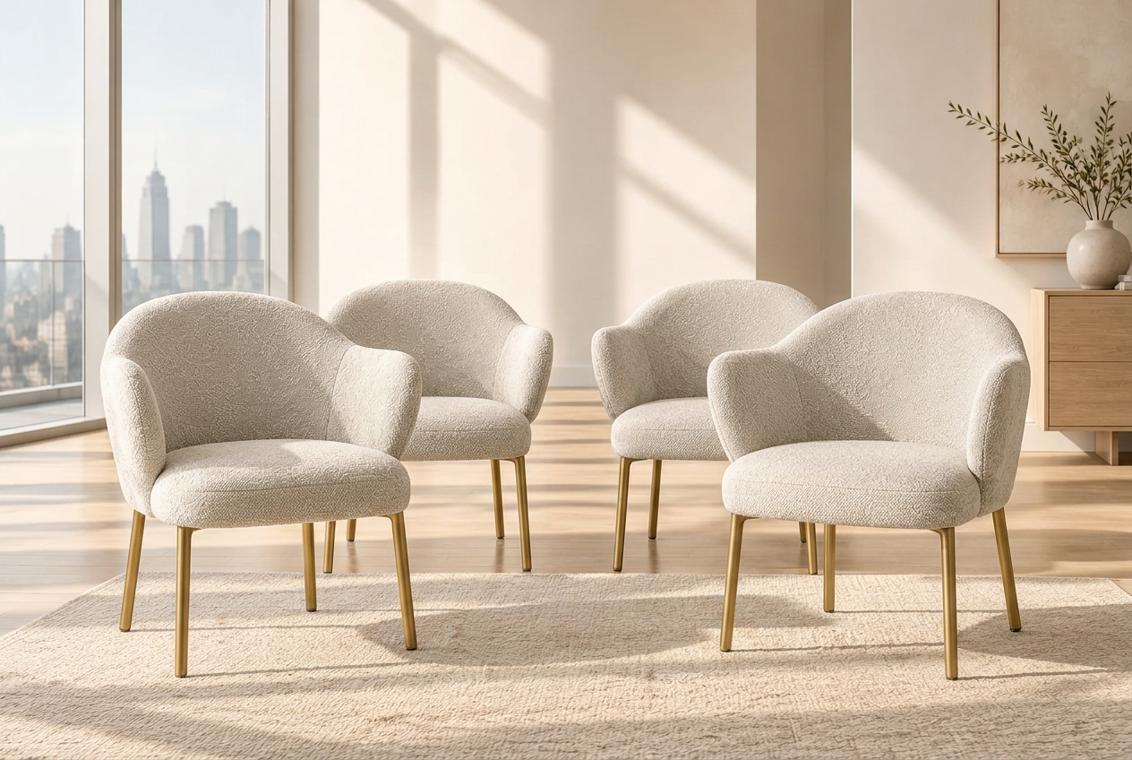 Pair (2) Castlery Simone Performance Light Grey Bouclé Dining Chairs FFE-1584