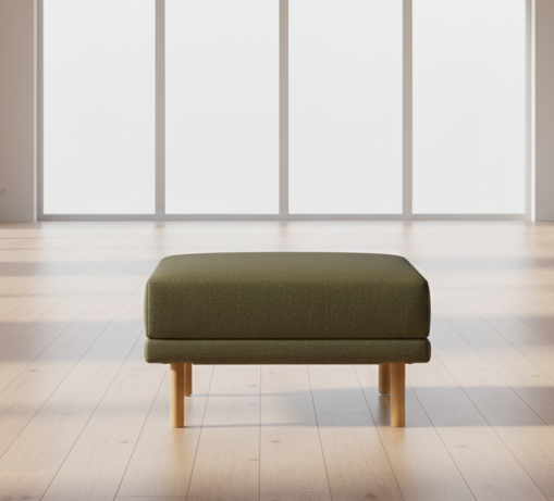 Burrow Moss Green Performance Flatweave Walnut Wood Range Ottoman FFW-1448