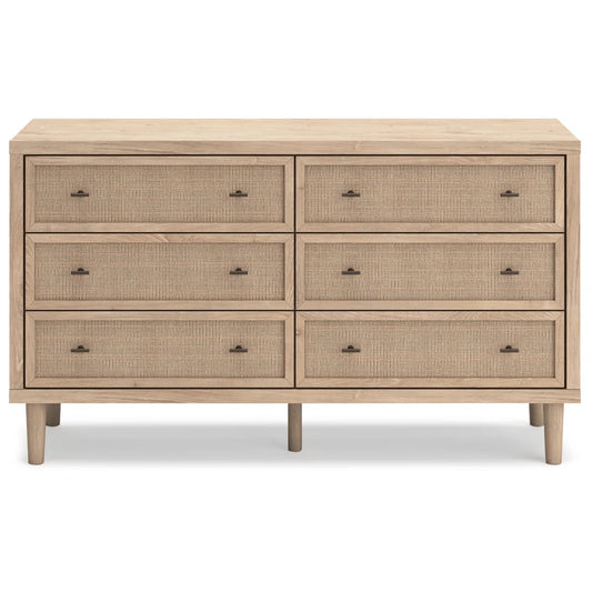 Ebern Design 6 Drawer Oak Grain Beige Cane Marmion Dresser FFE-1168