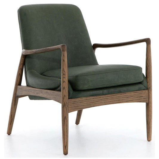 Four Hands Olena Mid Century Green Leather Brown Oak Wood Arm Chair (2 Avail) MB1-67