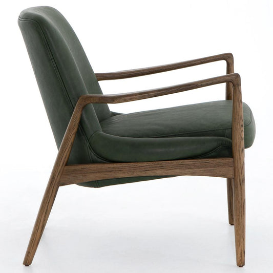 Four Hands Olena Mid Century Green Leather Brown Oak Wood Arm Chair (2 Avail) MB1-67