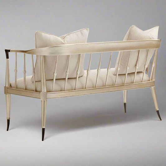 Caracole Twice As Beautiful French Country Ivory Champagne Gold Spindle Back Settee MB1-16