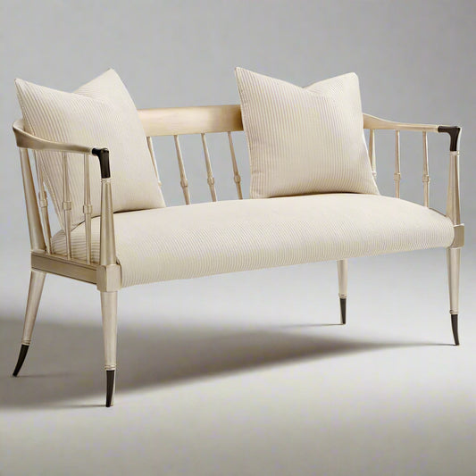 Caracole Twice As Beautiful French Country Ivory Champagne Gold Spindle Back Settee MB1-16