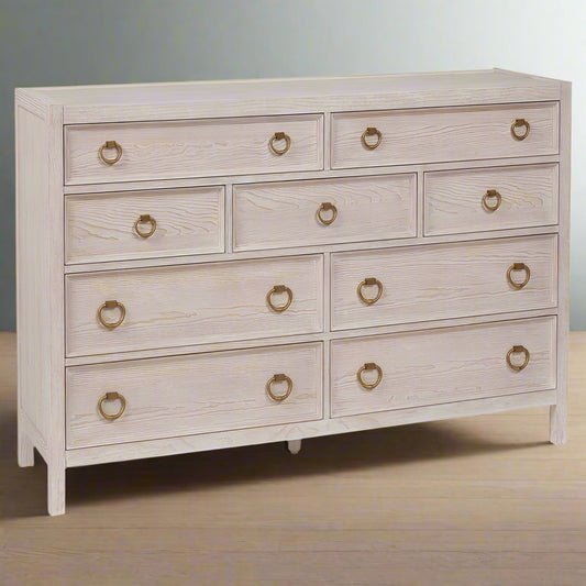 Universal Naya Coastal Beach Cream Wood 9 Drawer Bachelor Chest Dresser MB1-44