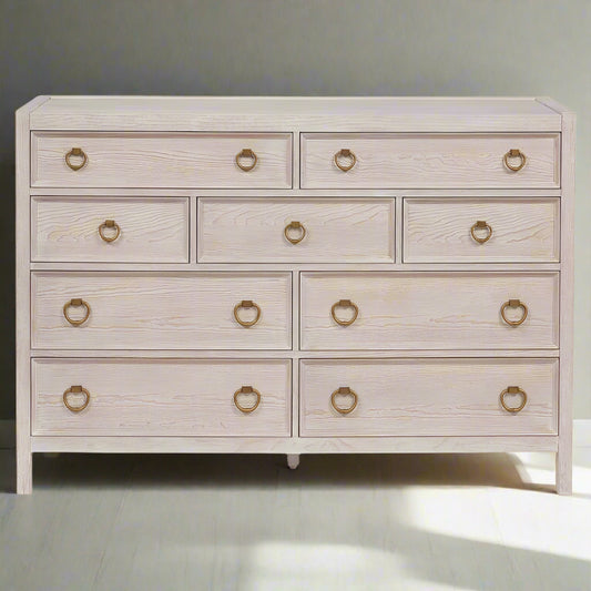 Universal Naya Coastal Beach Cream Wood 9 Drawer Bachelor Chest Dresser MB1-44