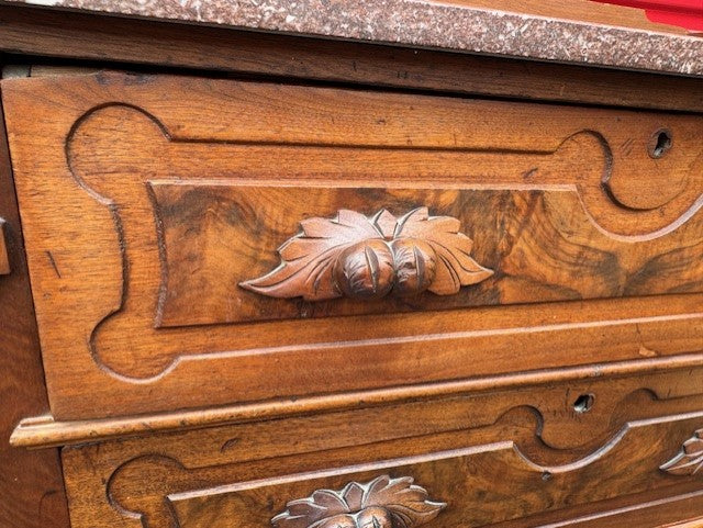 Walnut Victorian Marble Top Ornate 1880's Carved Wood 3 Drawer Dresser JD235-1
