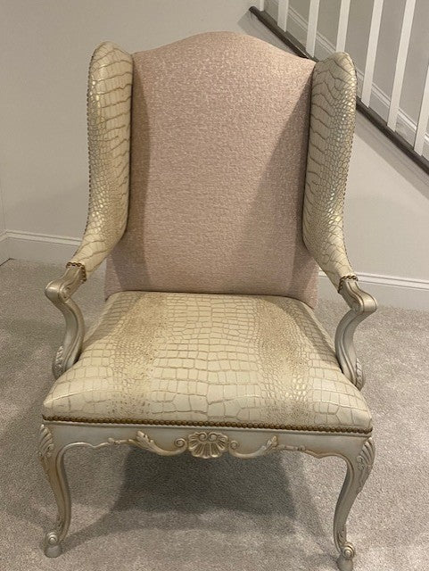 Pair Massoud Beige Leather Captain Fortuni Blush/Gold Silk Wing Chairs KK270-12
