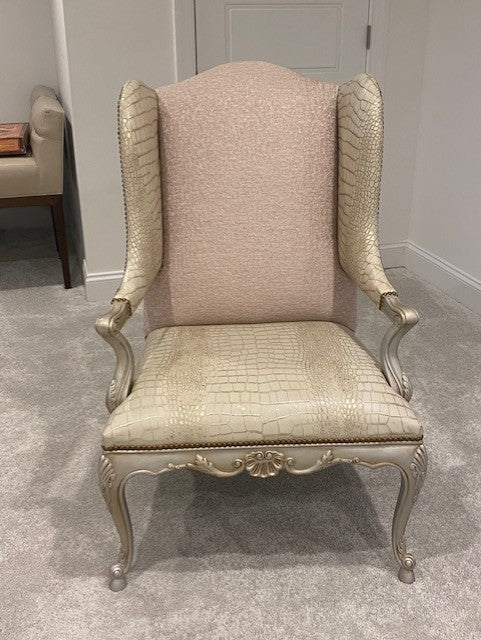 Pair Massoud Beige Leather Captain Fortuni Blush/Gold Silk Wing Chairs KK270-12
