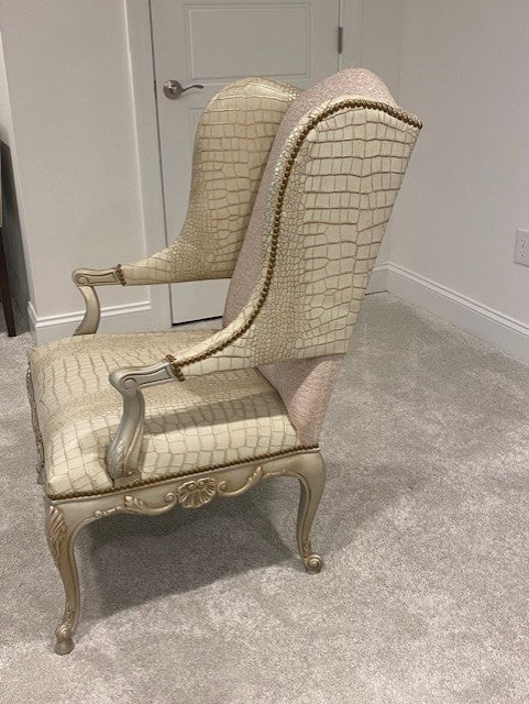 Pair Massoud Beige Leather Captain Fortuni Blush/Gold Silk Wing Chairs KK270-12