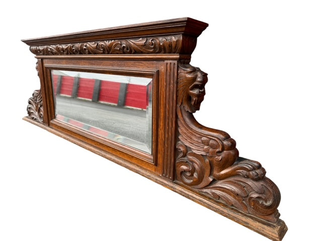 Late 19th C Oak English Carved Wood Mantle Mirror w Figural Griffin Accents JD235-8